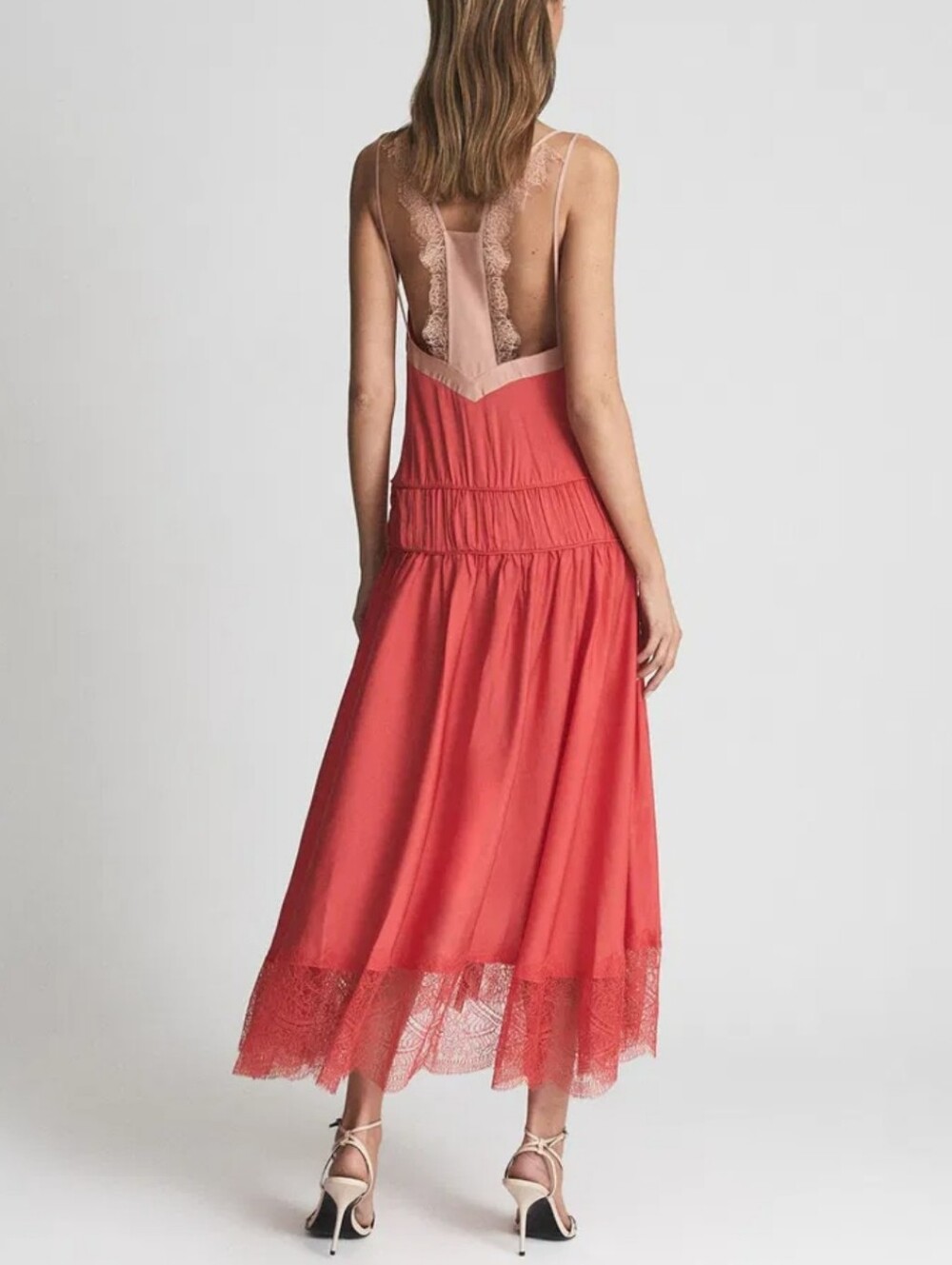 ​REISS Henley Romantic Lace Cami Midi Dress in Coral Red EU38/US 6 - Picture 2 of 15